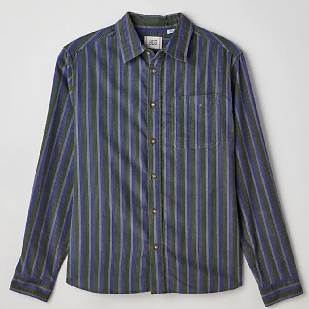BDG Men's Corduroy Green and Blue Striped Shirt_Large